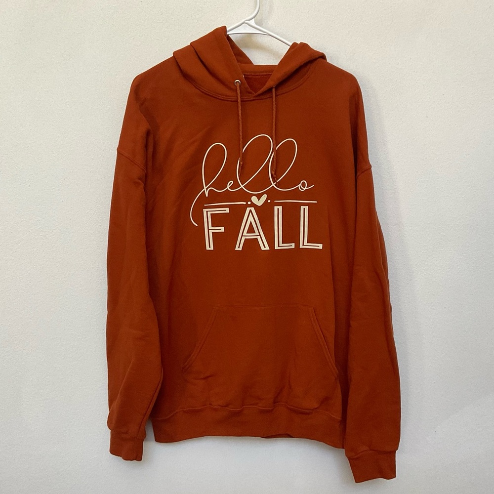 Jerzees Nublend Burnt Orange Hello Fall Hooded Sweatshirt Size XL Comfort Lounge